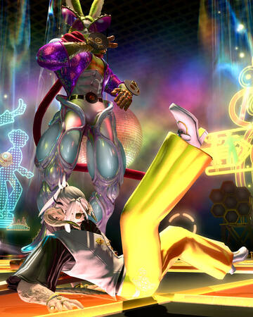FanFest 2026 Altered Finalist Misago after falling on the dance floor, legs up in the air, looking down in embarrassment as Dancing Green looks at him from above.