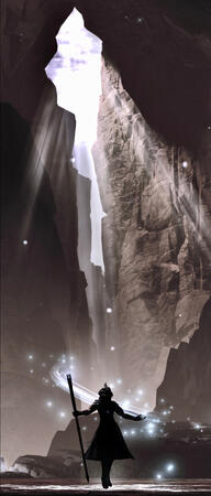 WHM & Windward Wilds Misago hovering in the air in shadow with a white mage cane as white particles surround him.