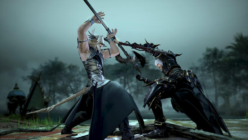 Sparring in Thavnair Misago and Estinien sparring, both as dragoons, on a foggy day in Thavnair.