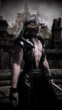 DRG & Orbonne Monastery Misago looking to the side while holding a dragoon lance at his side in an open jacket.