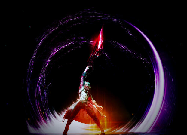 GNB & The Dark Inside Misago swinging a red gunblade above his head, a purple effect swirling in a circle around him.