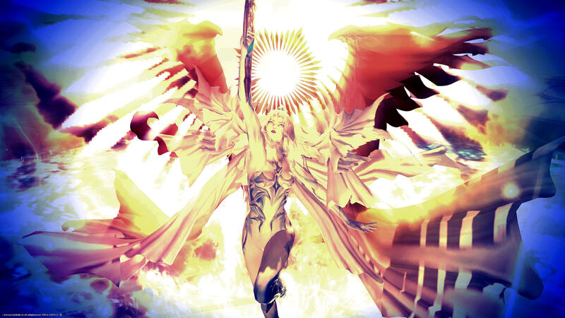 FanFest 2023 Altered Finalist Hydaelyn holding a sword above her head as she casts her ultimate attack.