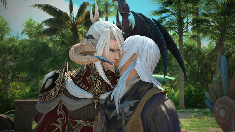 Vacation Kiss Estinien kissing Misago on the cheek in a tropical locaton.