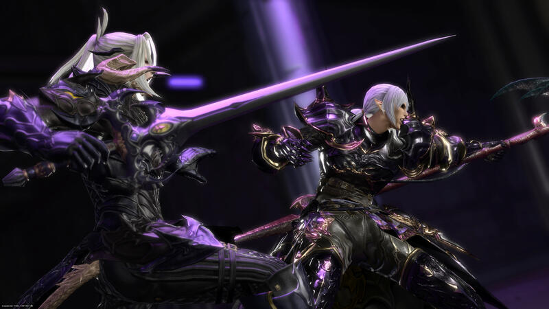 Purple Sparring Misago and Estinien mid-attack in matching purple and dark blue armor.