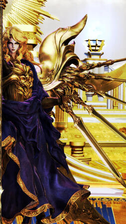 FanFest 2023 Unaltered Finalist Innocence standing in the Crown of the Immaculate, one hand to his side with a wing of swords behind him.