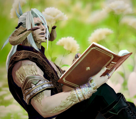 Misago Urabe Misago looking up with a smile while holding a book in a field of fluffy white flowers.