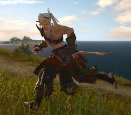 Sprout Misago Misago running through a field in La Noscea in the Au Ra starting outfit.